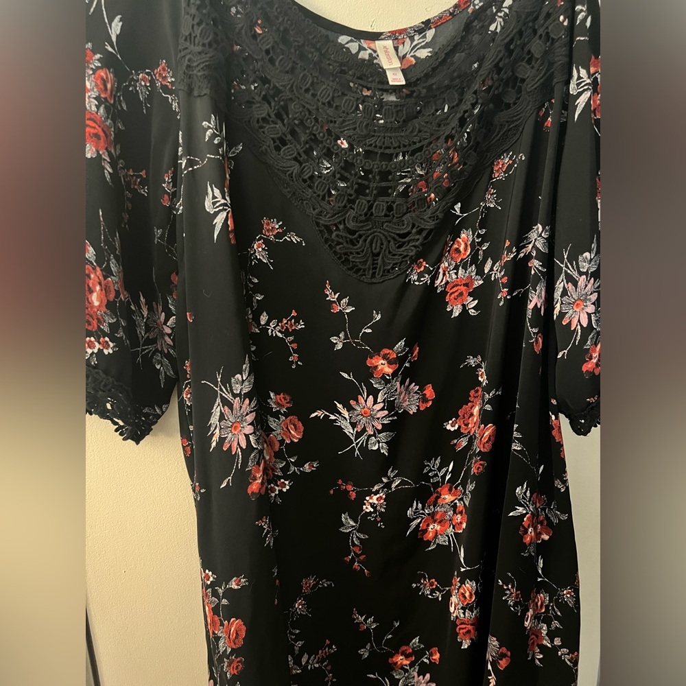 Xhilaration Black Crochet Blouse with Red Floral Accents